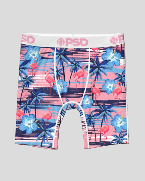 Men's boxer briefs with pink waistband featuring flamingos, palm trees, and blue flowers on striped background.
