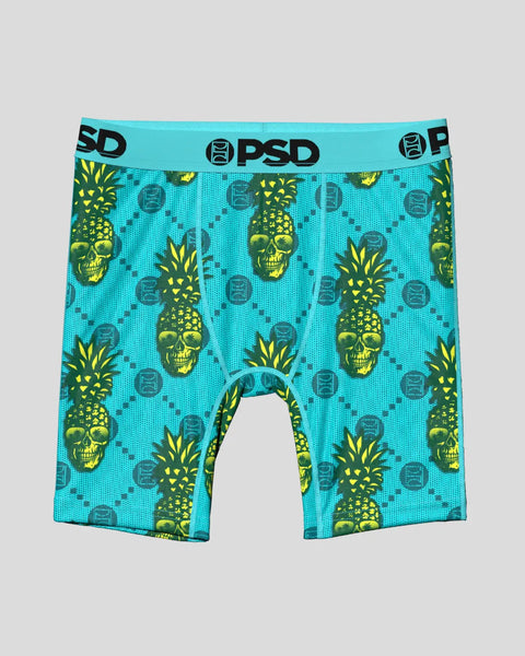 Turquoise PSD boxer briefs with yellow pineapple and skull pattern, elastic waistband with logo.
